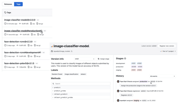An example showing git tags and it's respective stage in Iterative Studio dashboard.