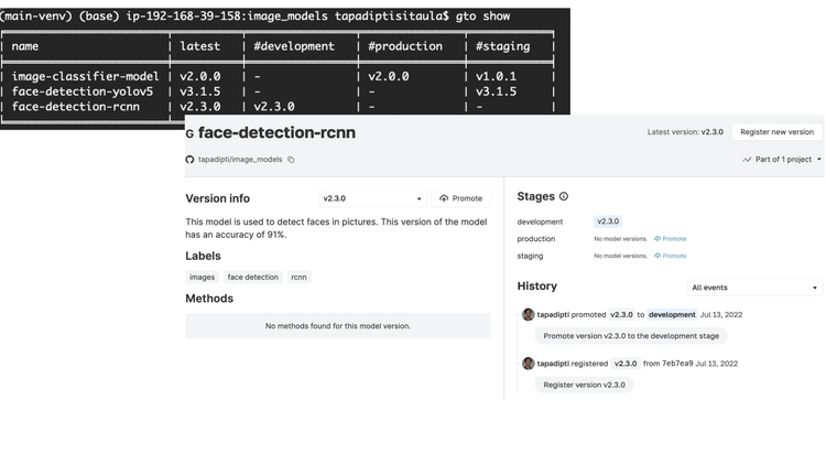An example using both cli terminal and Iterative Studio dashboard to get info on project.